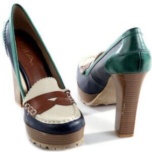 Mia Newberry Navy/Green/Cream/Tan Multi-Color Platform Block Heels || sz8 EUC